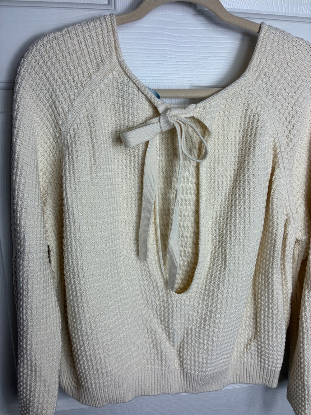 Cream Waffle-Knit Open-Back Bow-Tie Sweater